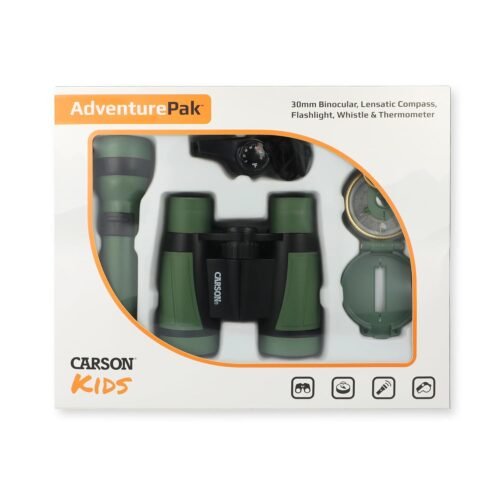 Carson Adventure Pak contém binóculos de campo infantil de 30 mm, bússola Lensática, lanterna e apito de sinal com termômetro embutido (HU-401), Multi, 4.2″ x 2.3″ x 1.5″